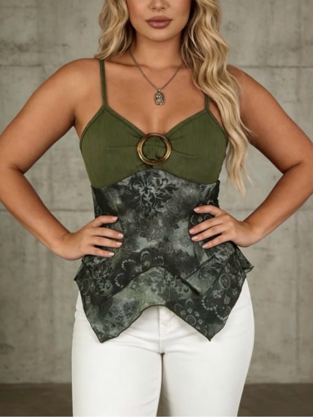 Size L Women's Y2K Floral Tops Summer Flowy Camisole Asymmetrical Hem Top